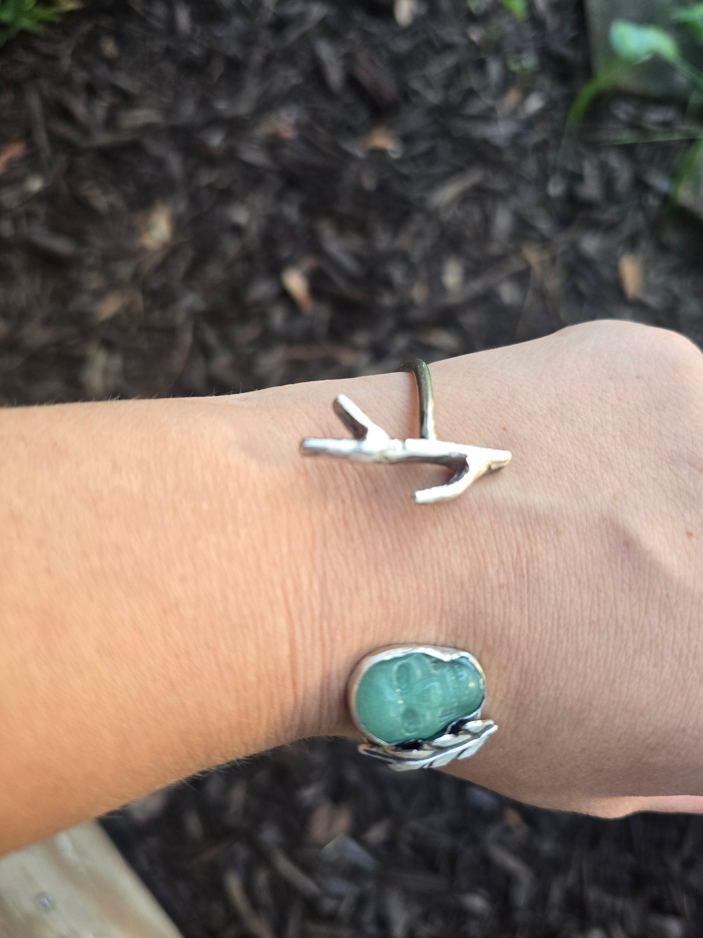 Feather Aventurine Skull And Recycled Silver Twig