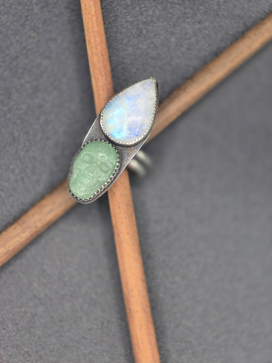 Size7 Aventurine Skull & Teardrop Moonstone 925