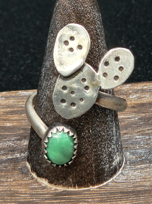 Prickly Pear Cactus Ring with Broken Arrow Turquoise, Adjustable.