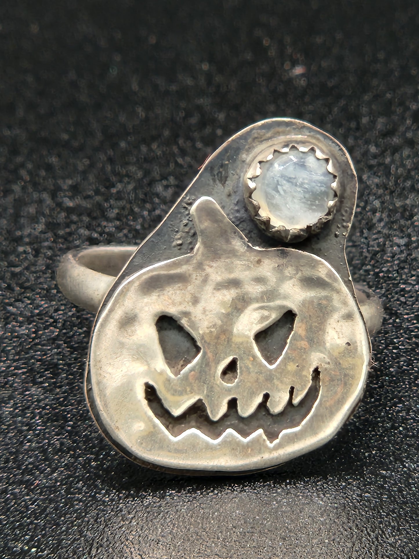 Jack-O-Lantern and Moonstone ring in sterling silver, size 7