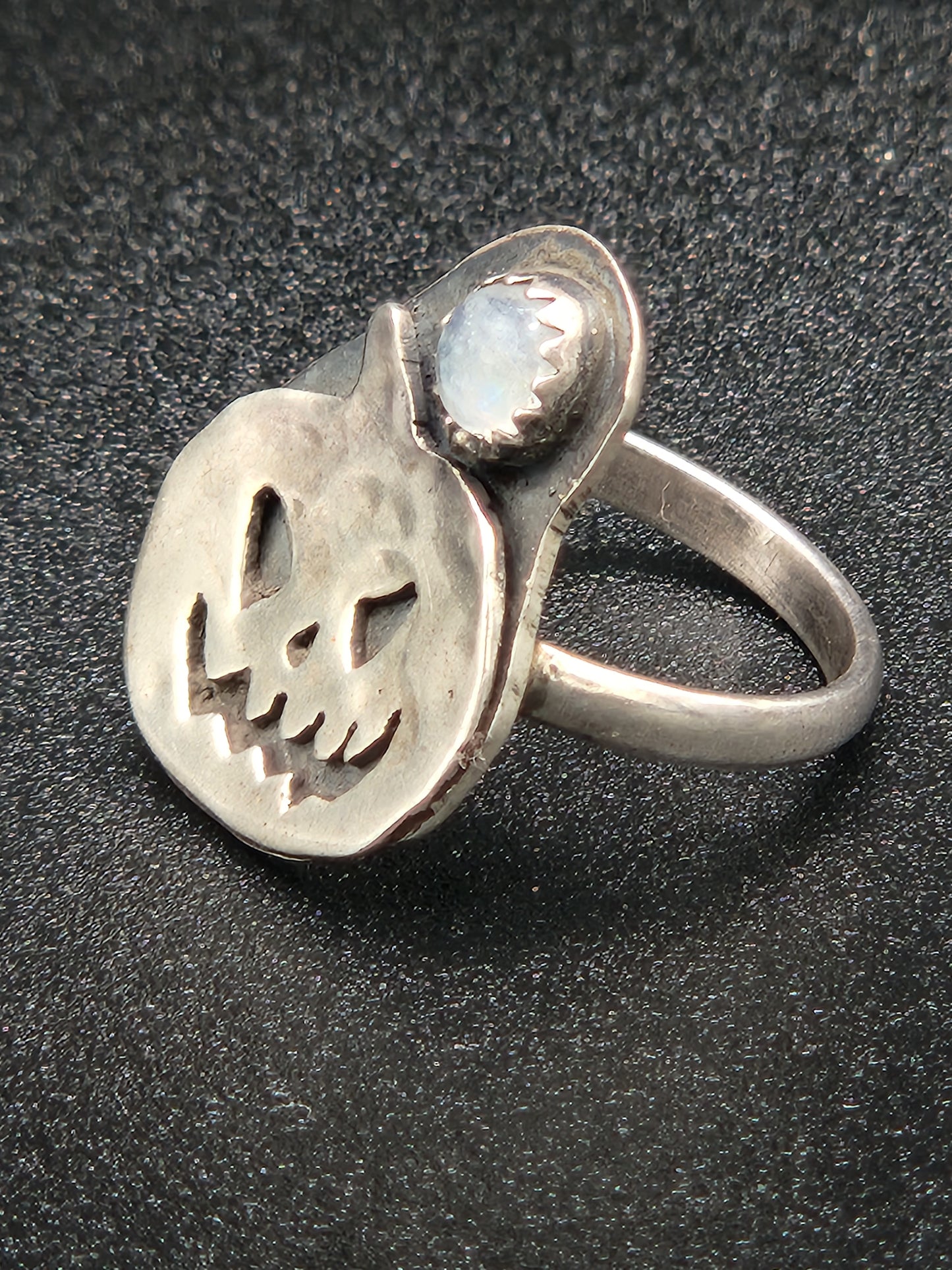 Jack-O-Lantern and Moonstone ring in sterling silver, size 7