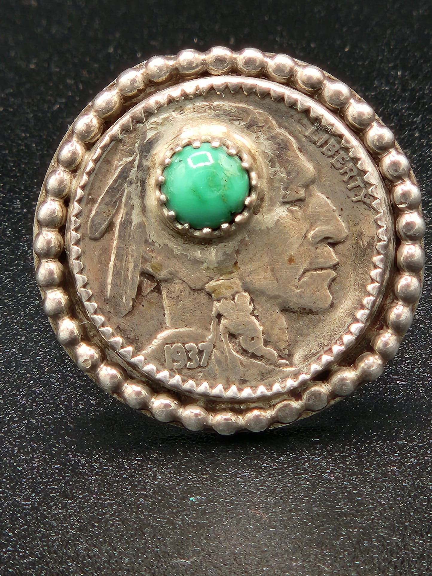 Indian head nickel ring with carico lake turquoise, size 9.5