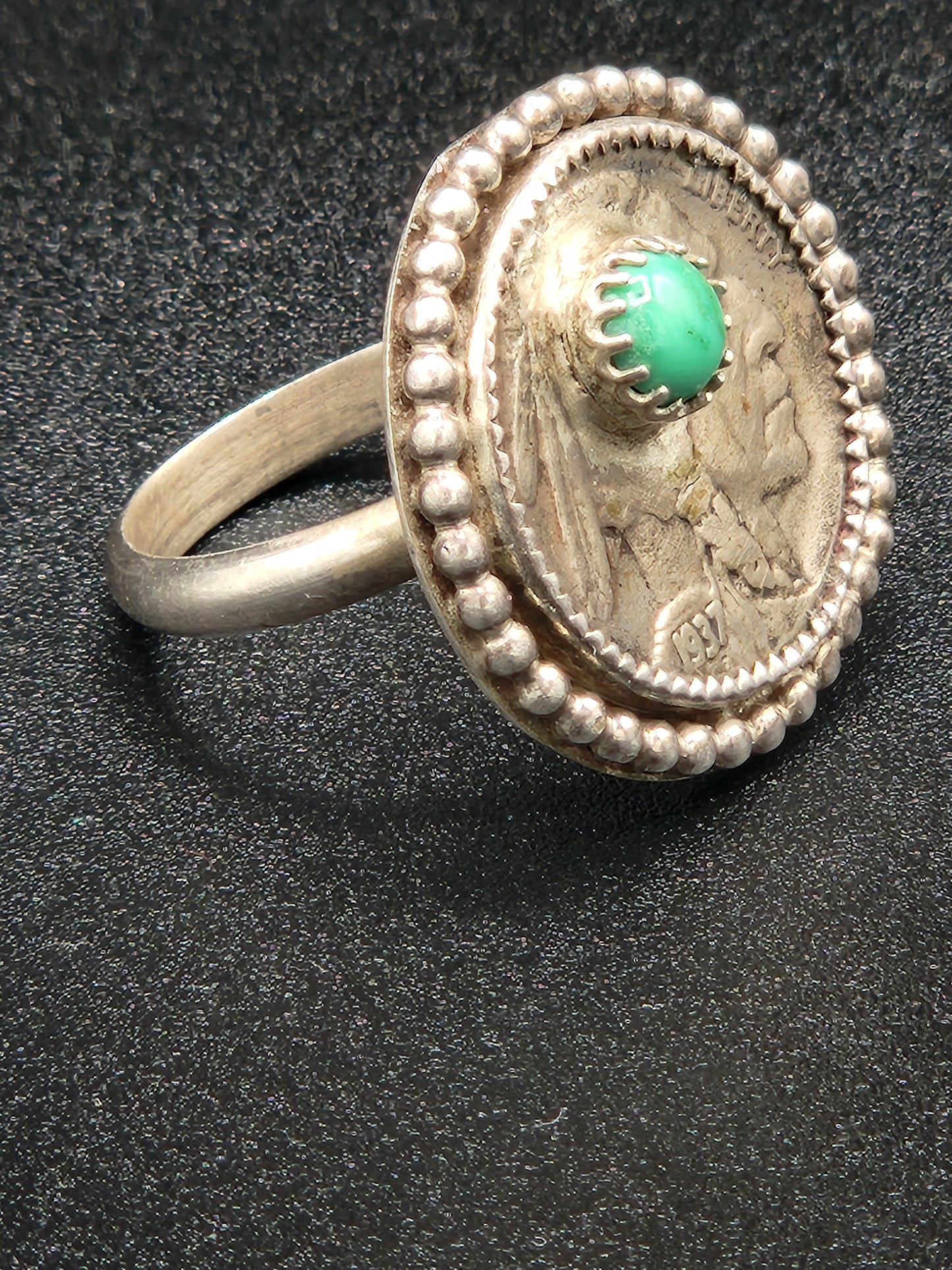 Indian head nickel ring with carico lake turquoise, size 9.5