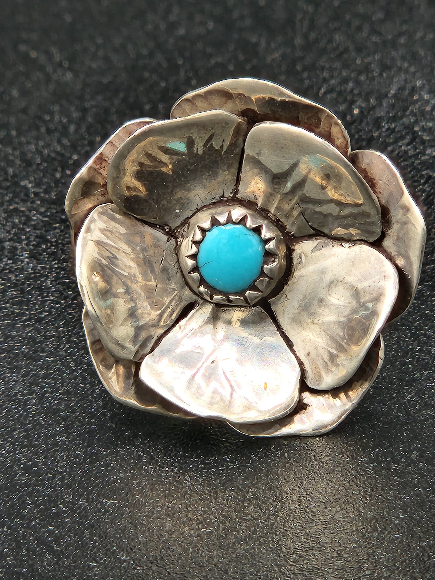 Sleeping beauty turquoise in sterling silver rose petal ring, size 5+3/4