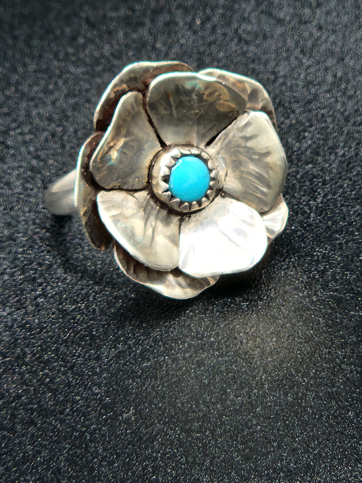 Sleeping beauty turquoise in sterling silver rose petal ring, size 5+3/4