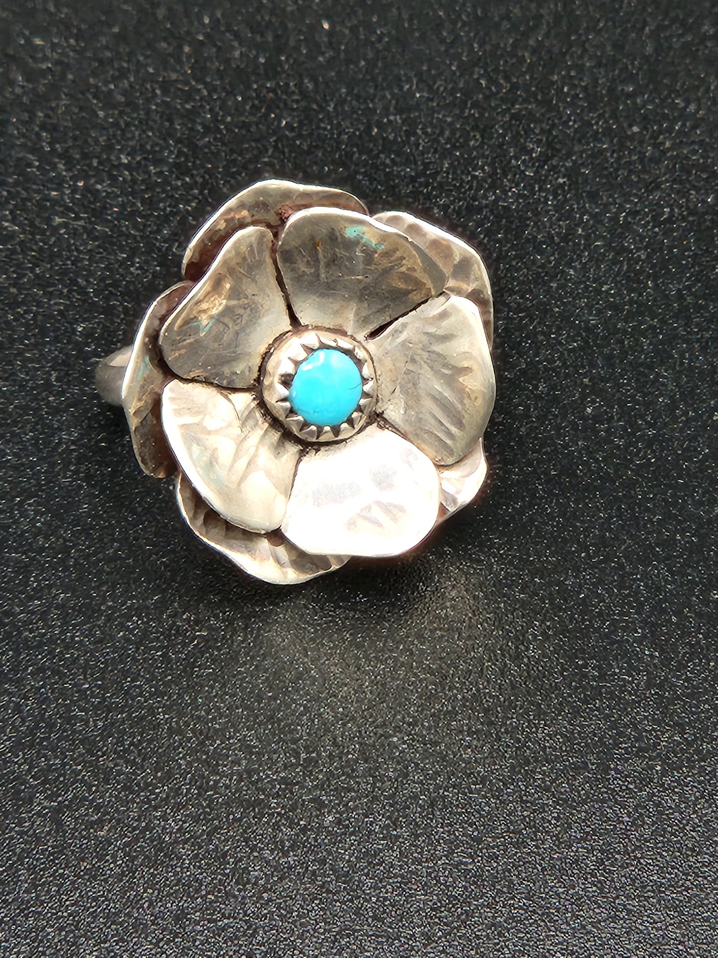 Sleeping beauty turquoise in sterling silver rose petal ring, size 5+3/4