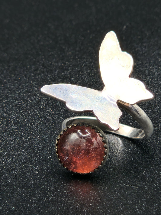 Strawberry Tourmaline Sterling Silver Butterfly ring, adjustable