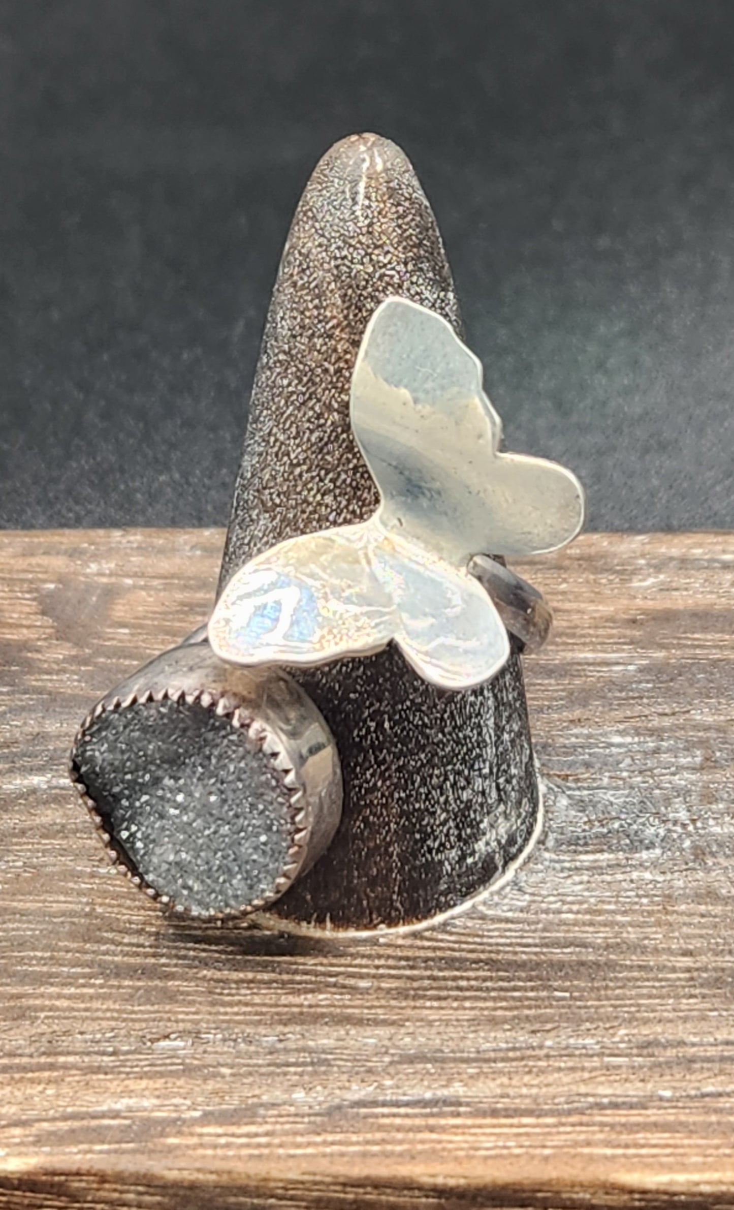 Druzy Agate with butterfly in sterling silver ring, adjustable