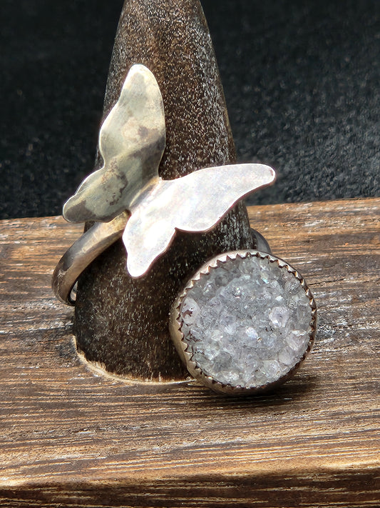 Druzy Agate with butterfly in sterling silver ring, adjustable