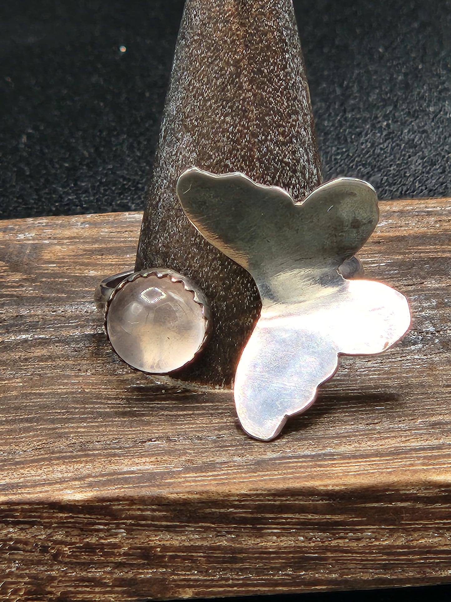 Rose quartz with butterfly in sterling silver ring, adjustable