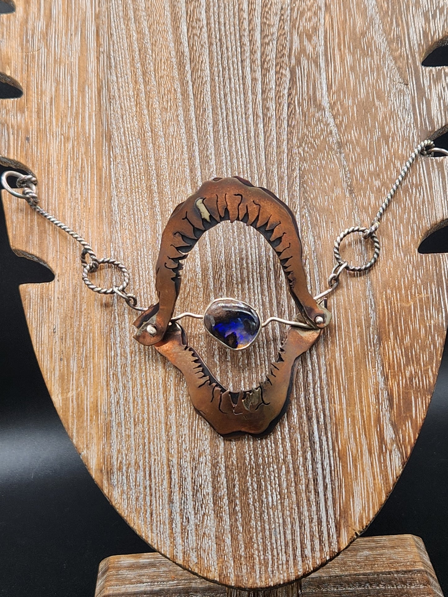 Shark Mouth Choker Necklace in copper and sterling silver with beautiful boulder opal set in mouth.