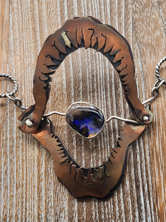 Shark Mouth Choker Necklace in copper and sterling silver with beautiful boulder opal set in mouth.