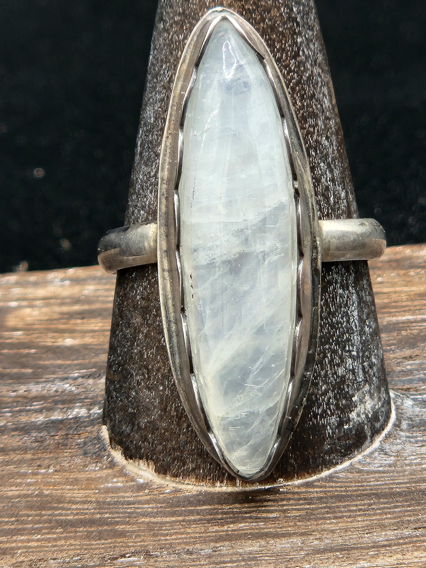 Moonstone in sterling silver scalloped bezel ring, size 6