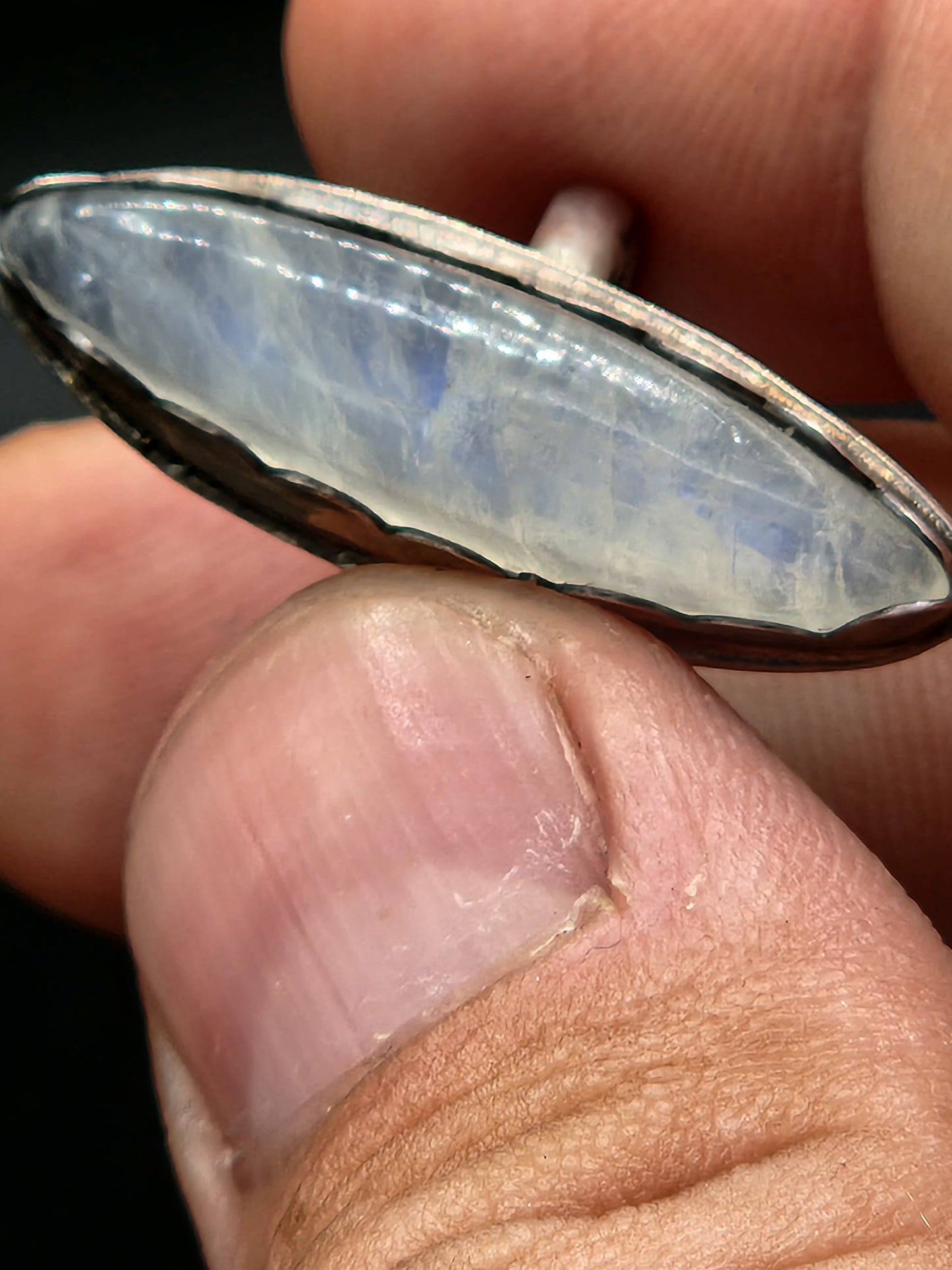 Moonstone in sterling silver scalloped bezel ring, size 6